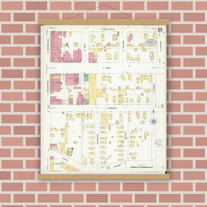 Old map wall art mockup — magnetic wood frame on brick wall — Sanborn Fire Insurance Map from Owosso, Shiawassee County, Michigan (1908), Sheet #0013