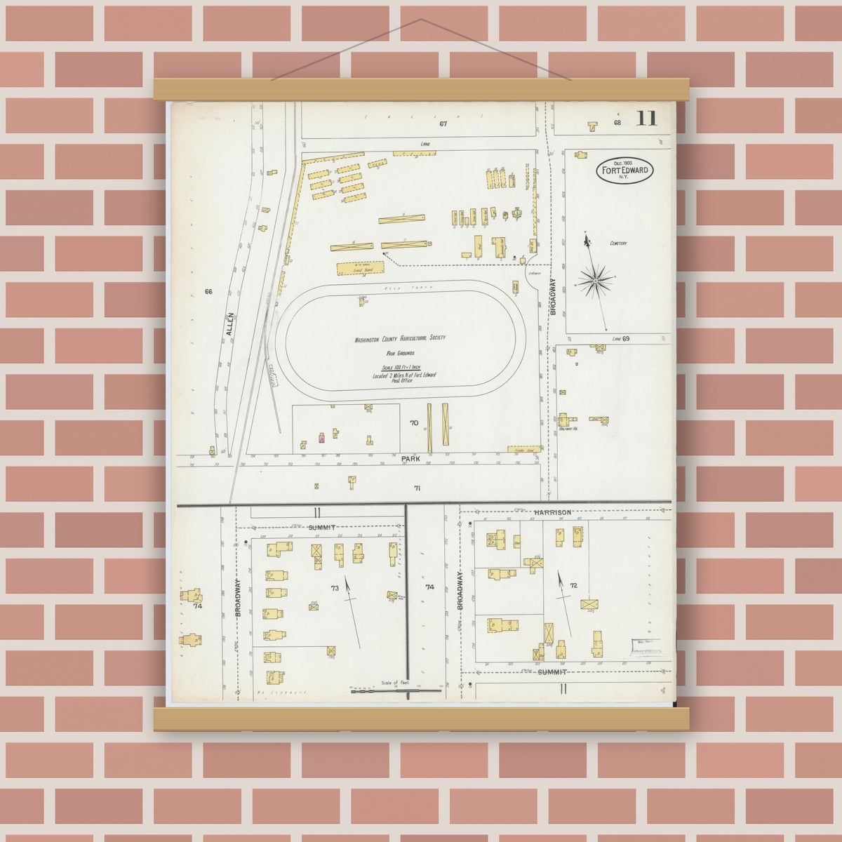Old map wall art mockup — magnetic wood frame on brick wall — Sanborn Fire Insurance Map from Fort Edward, Washington County, New York (1900), Sheet #0011