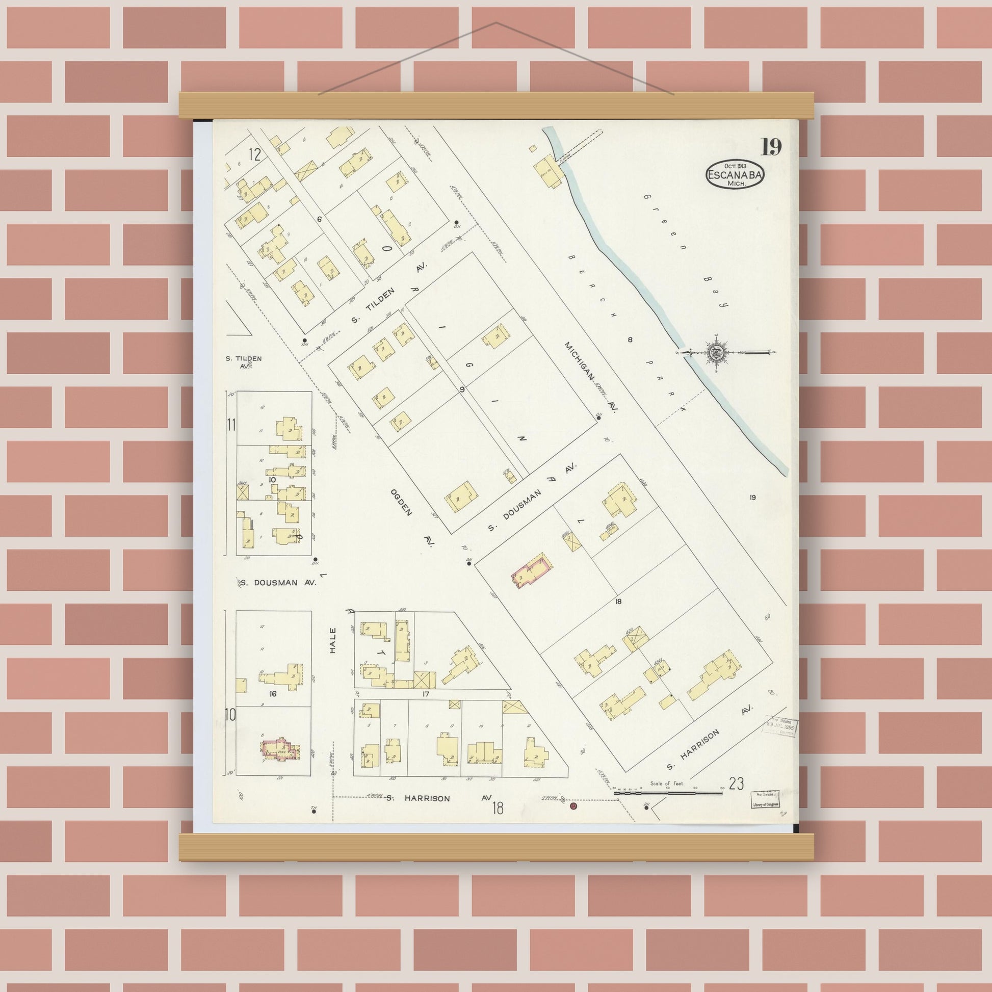 Old map wall art mockup — magnetic wood frame on brick wall — Sanborn Fire Insurance Map from Escanaba, Delta County, Michigan (1913), Sheet #0019
