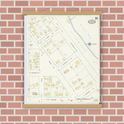Old map wall art mockup — magnetic wood frame on brick wall — Sanborn Fire Insurance Map from Escanaba, Delta County, Michigan (1913), Sheet #0019