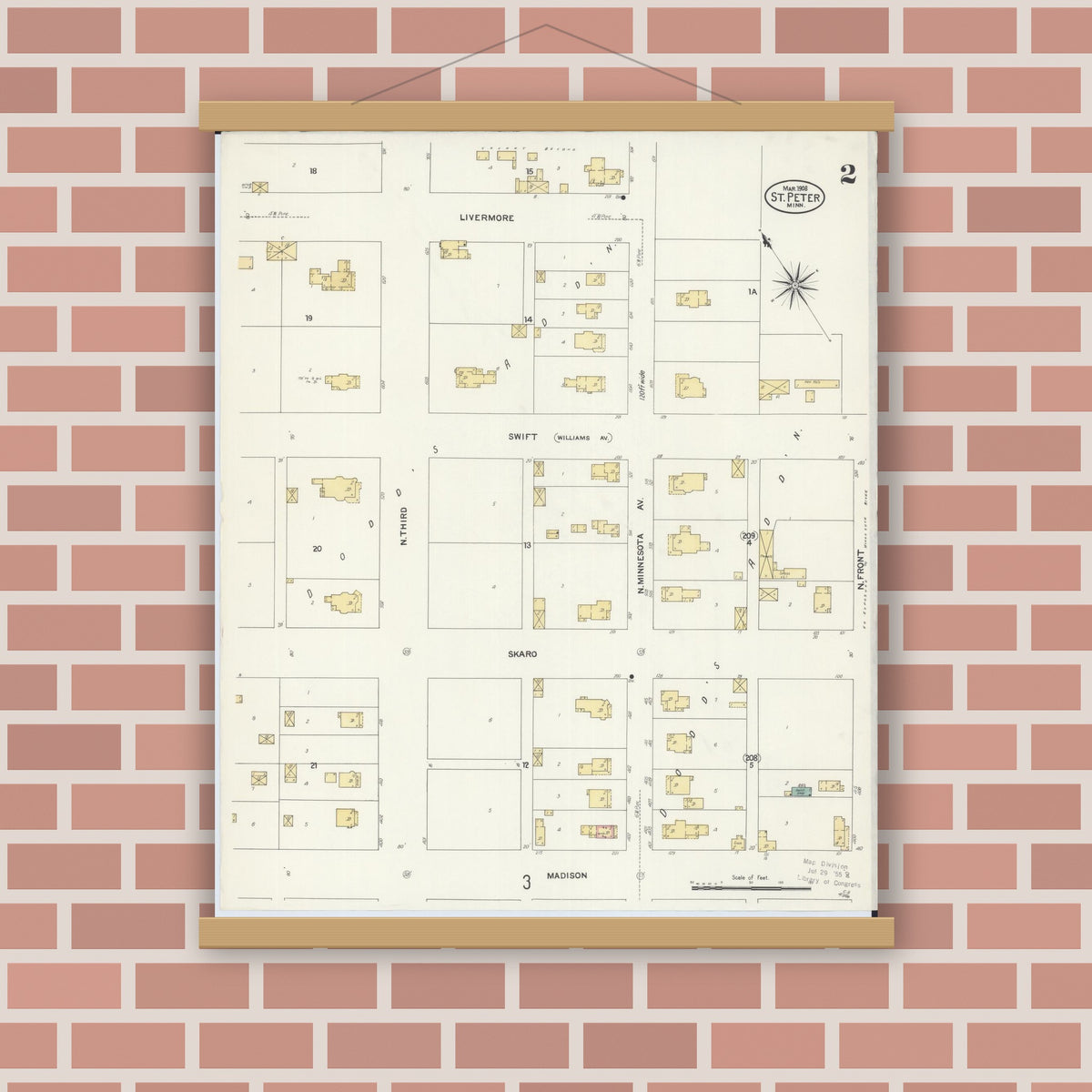 Old map wall art mockup — magnetic wood frame on brick wall — Sanborn Fire Insurance Map from Saint Peter, Nicollet County, Minnesota (1908), Sheet #0002