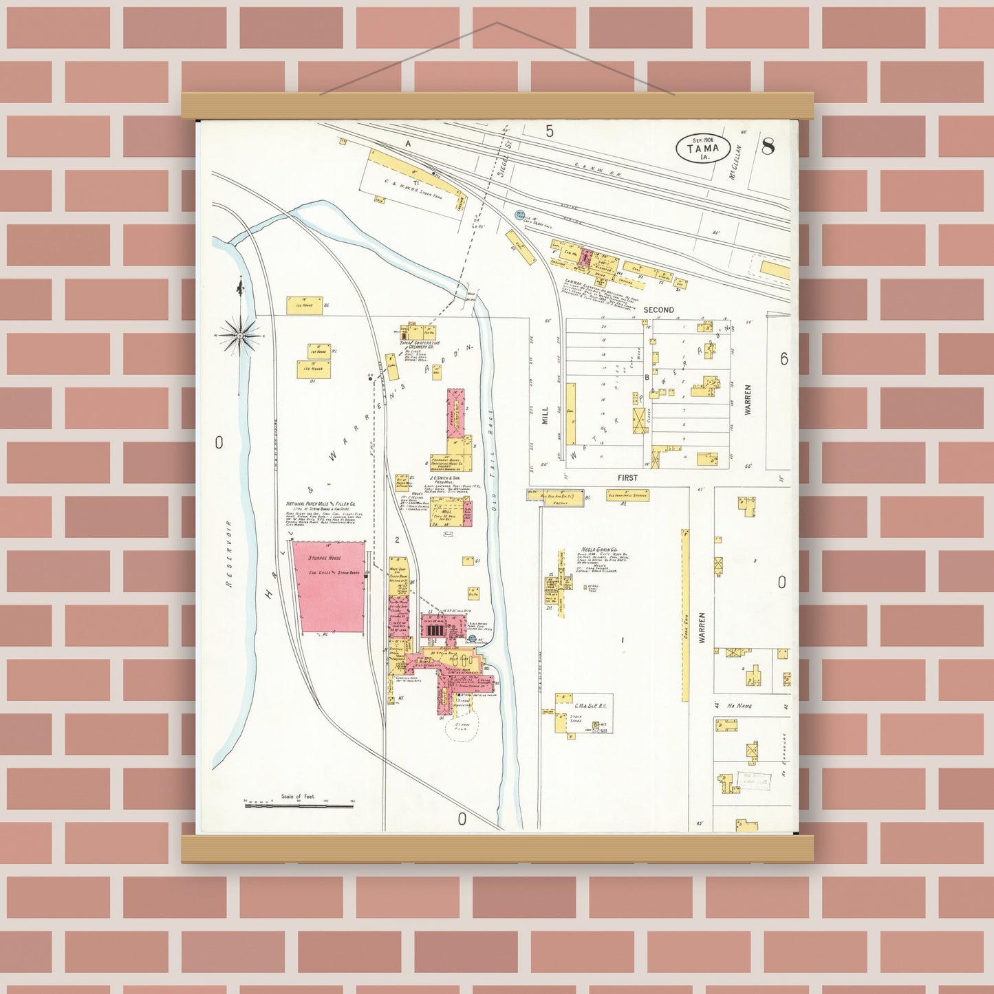 Old map wall art mockup — magnetic wood frame on brick wall — Sanborn Fire Insurance Map from Tama, Tama County, Iowa (1906), Sheet #0008
