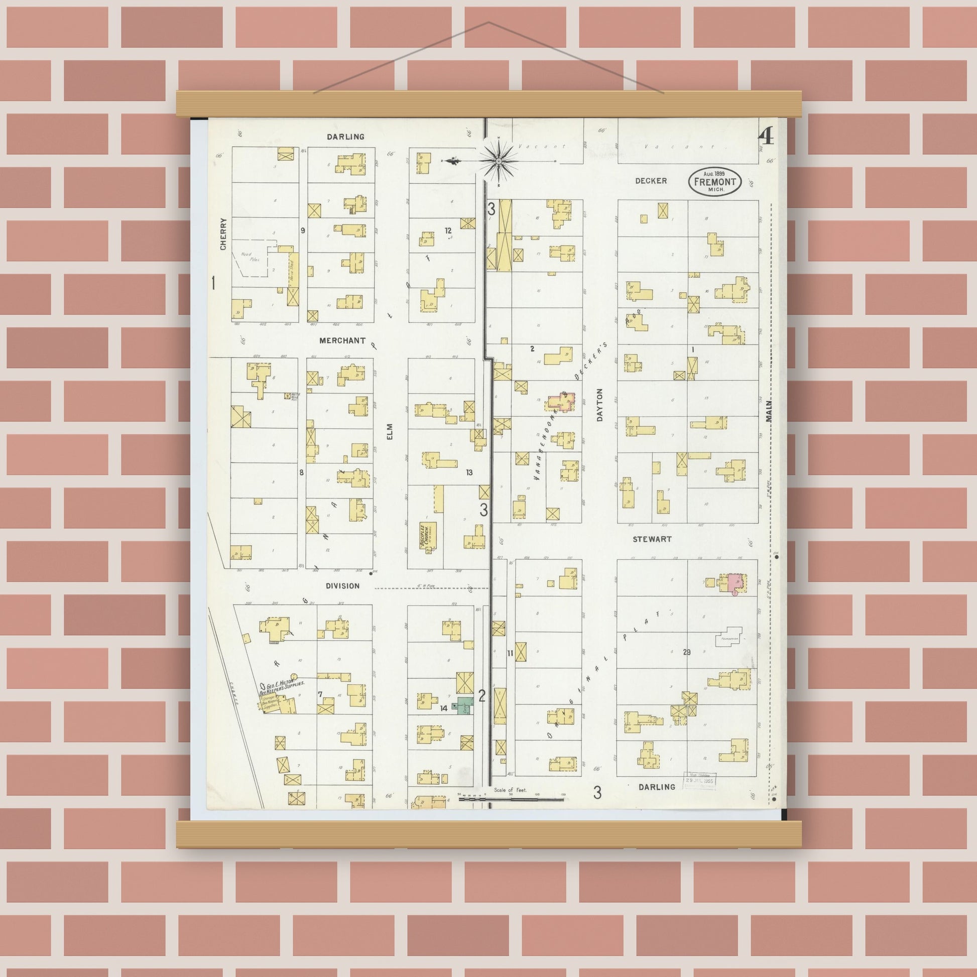 Old map wall art mockup — magnetic wood frame on brick wall — Sanborn Fire Insurance Map from Fremont, Newaygo County, Michigan (1899), Sheet #0004