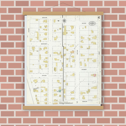 Old map wall art mockup — magnetic wood frame on brick wall — Sanborn Fire Insurance Map from Fremont, Newaygo County, Michigan (1899), Sheet #0004