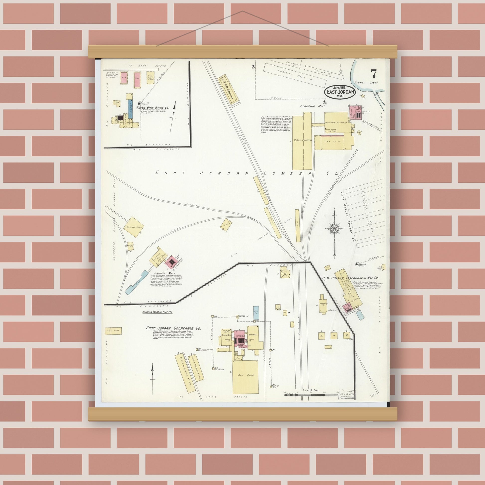 Old map wall art mockup — magnetic wood frame on brick wall — Sanborn Fire Insurance Map from East Jordan, Charlevoix County, Michigan (1912), Sheet #0007