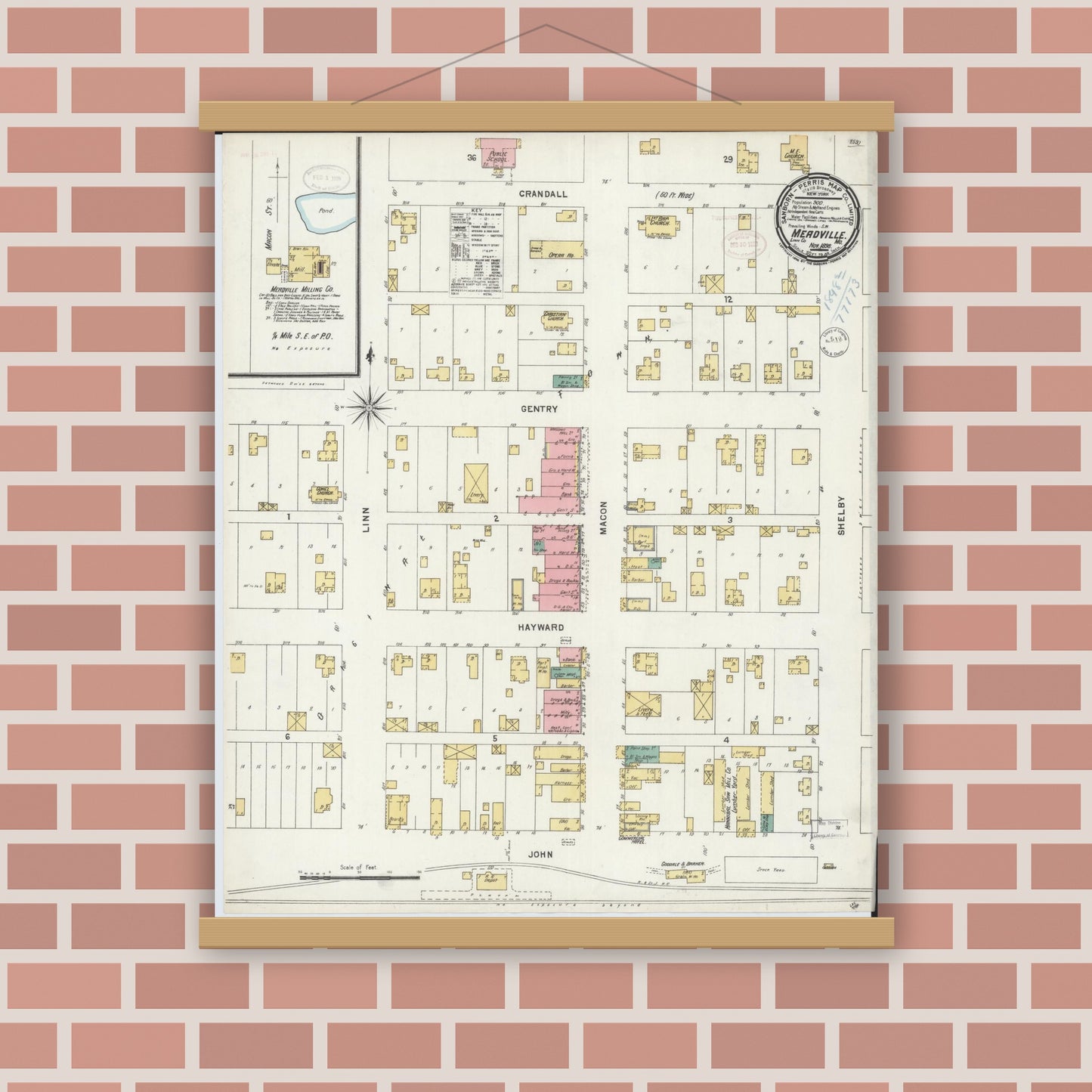 Old map wall art mockup — magnetic wood frame on brick wall — Sanborn Fire Insurance Map from Meadville, Linn County, Missouri (1898), Sheet #0001
