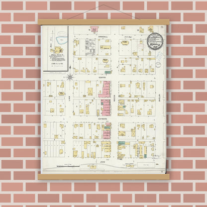 Old map wall art mockup — magnetic wood frame on brick wall — Sanborn Fire Insurance Map from Meadville, Linn County, Missouri (1898), Sheet #0001