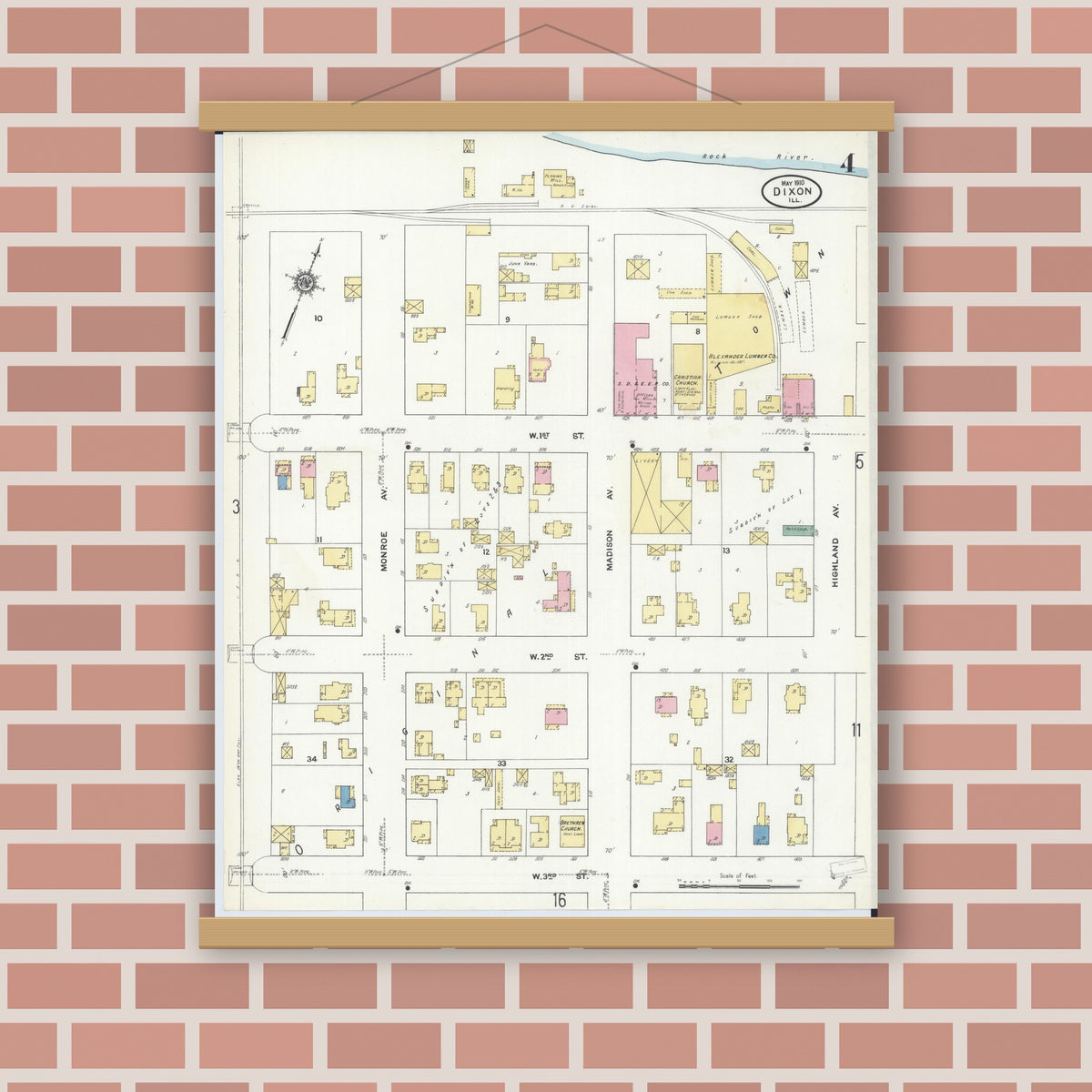 Old map wall art mockup — magnetic wood frame on brick wall — Sanborn Fire Insurance Map from Dixon, Lee County, Illinois (1910), Sheet #0004