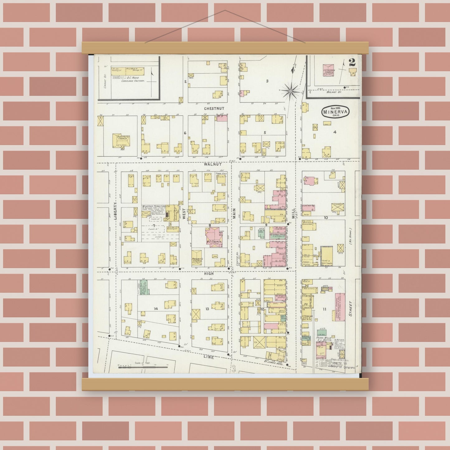 Old map wall art mockup — magnetic wood frame on brick wall — Sanborn Fire Insurance Map from Minerva, Stark And Carroll Counties, Ohio (1895), Sheet #0002