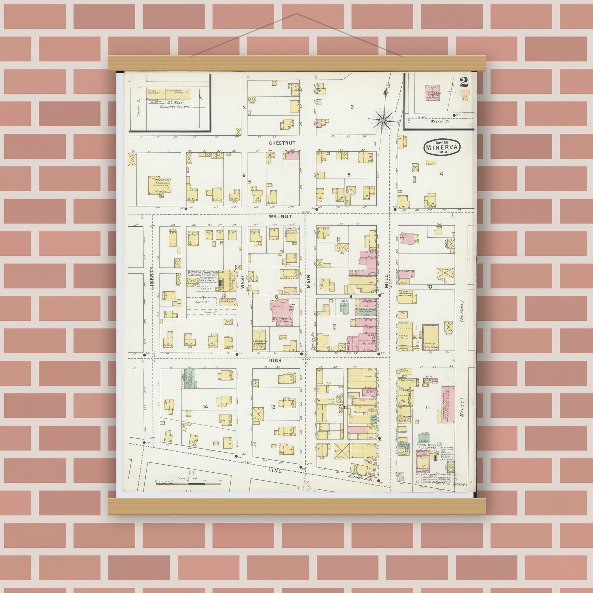 Old map wall art mockup — magnetic wood frame on brick wall — Sanborn Fire Insurance Map from Minerva, Stark And Carroll Counties, Ohio (1895), Sheet #0002