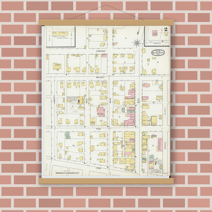 Old map wall art mockup — magnetic wood frame on brick wall — Sanborn Fire Insurance Map from Minerva, Stark And Carroll Counties, Ohio (1895), Sheet #0002