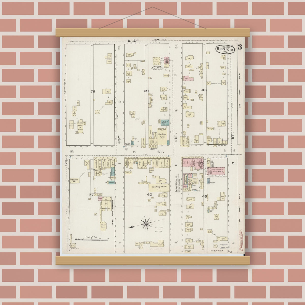 Old map wall art mockup — magnetic wood frame on brick wall — Sanborn Fire Insurance Map from Benicia, Solano County, California (1886), Sheet #0003