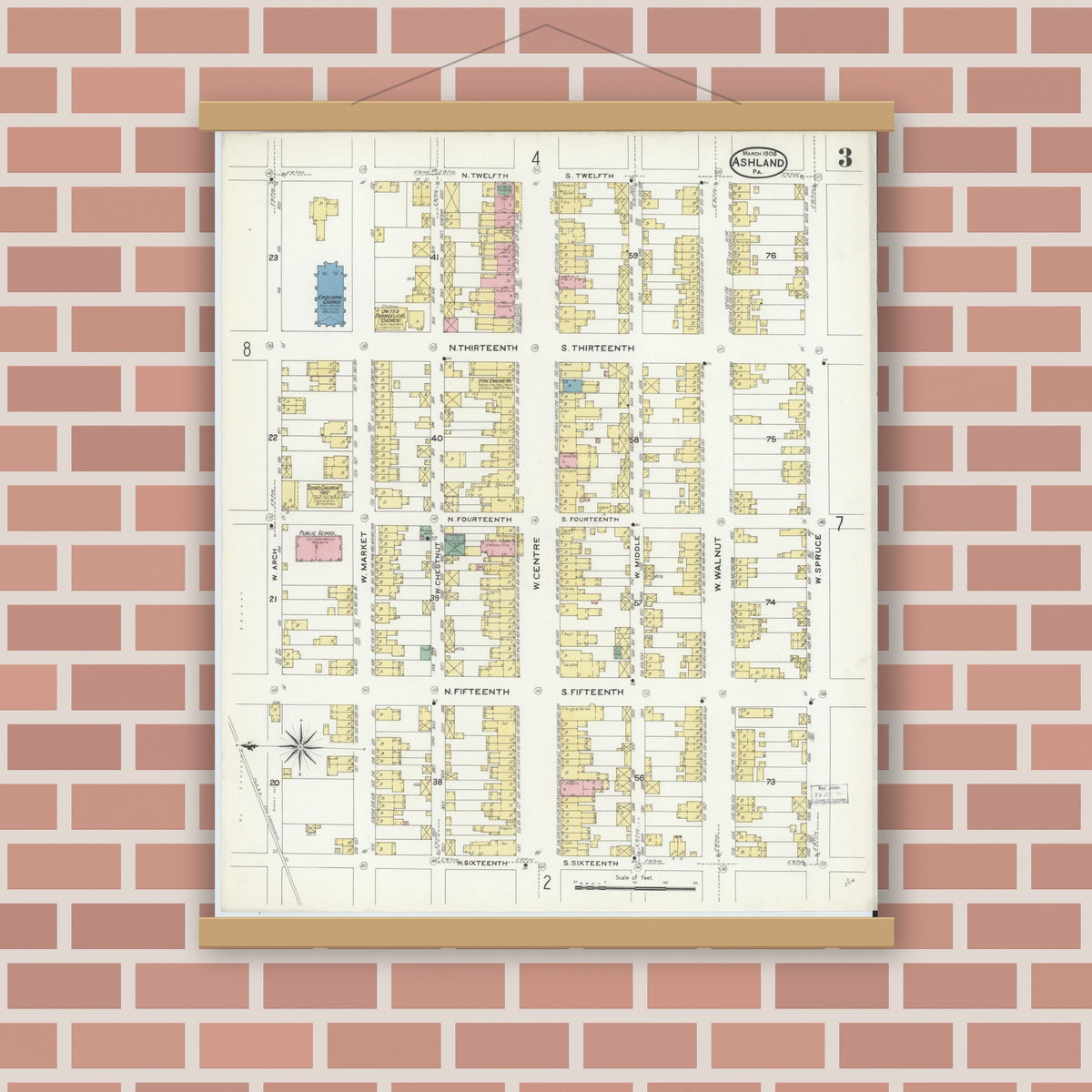 Old map wall art mockup — magnetic wood frame on brick wall — Sanborn Fire Insurance Map from Ashland, Schuylkill County, Pennsylvania (1908), Sheet #0003