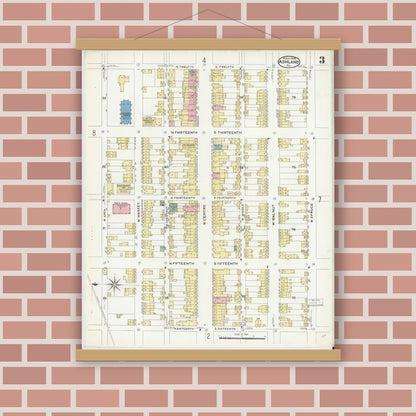 Old map wall art mockup — magnetic wood frame on brick wall — Sanborn Fire Insurance Map from Ashland, Schuylkill County, Pennsylvania (1908), Sheet #0003
