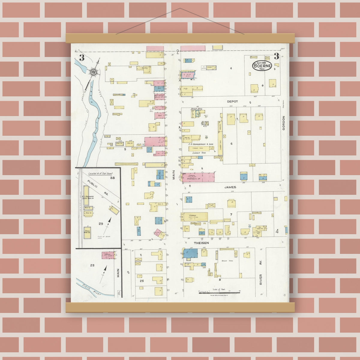 Old map wall art mockup — magnetic wood frame on brick wall — Sanborn Fire Insurance Map from Boerne, Kendall County, Texas (1924), Sheet #0003