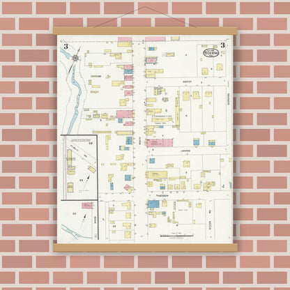 Old map wall art mockup — magnetic wood frame on brick wall — Sanborn Fire Insurance Map from Boerne, Kendall County, Texas (1924), Sheet #0003