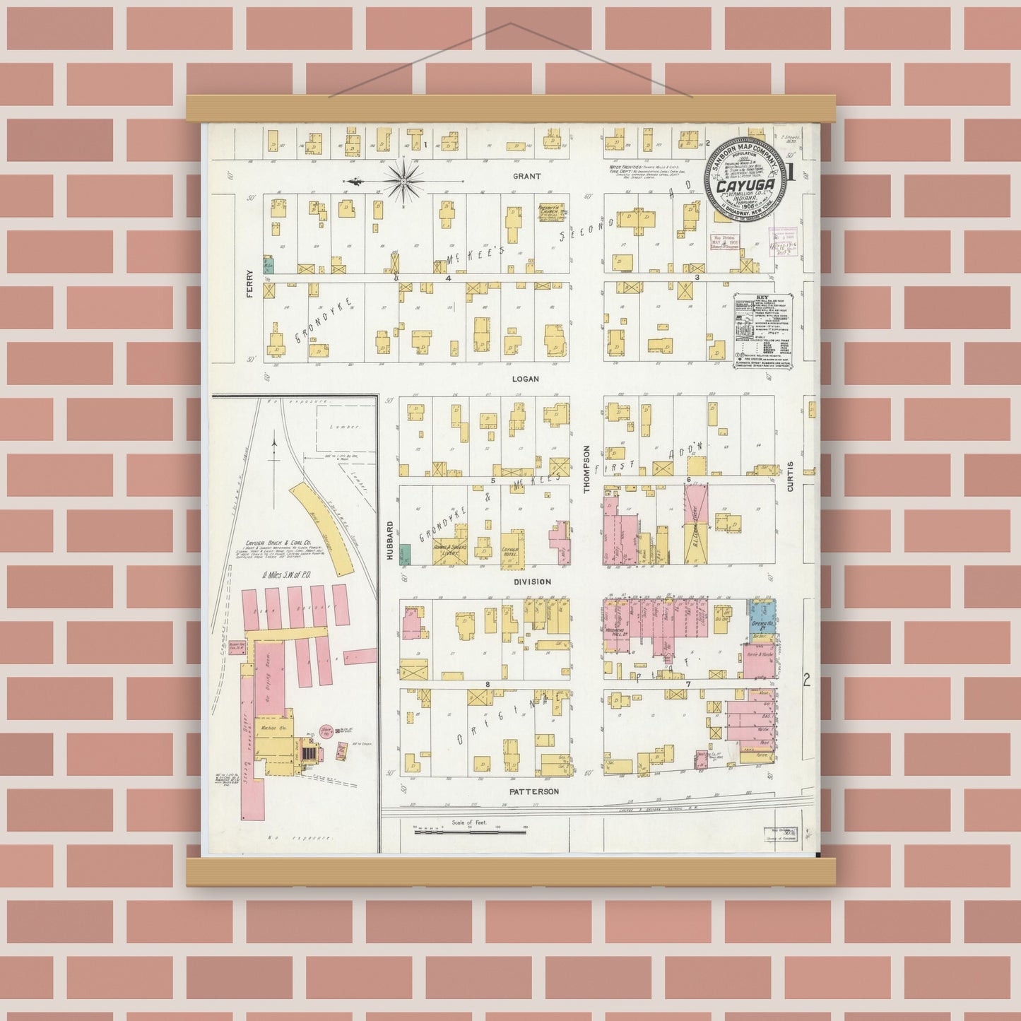 Old map wall art mockup — magnetic wood frame on brick wall — Sanborn Fire Insurance Map from Cayuga, Vermillion County, Indiana (1906), Sheet #0001