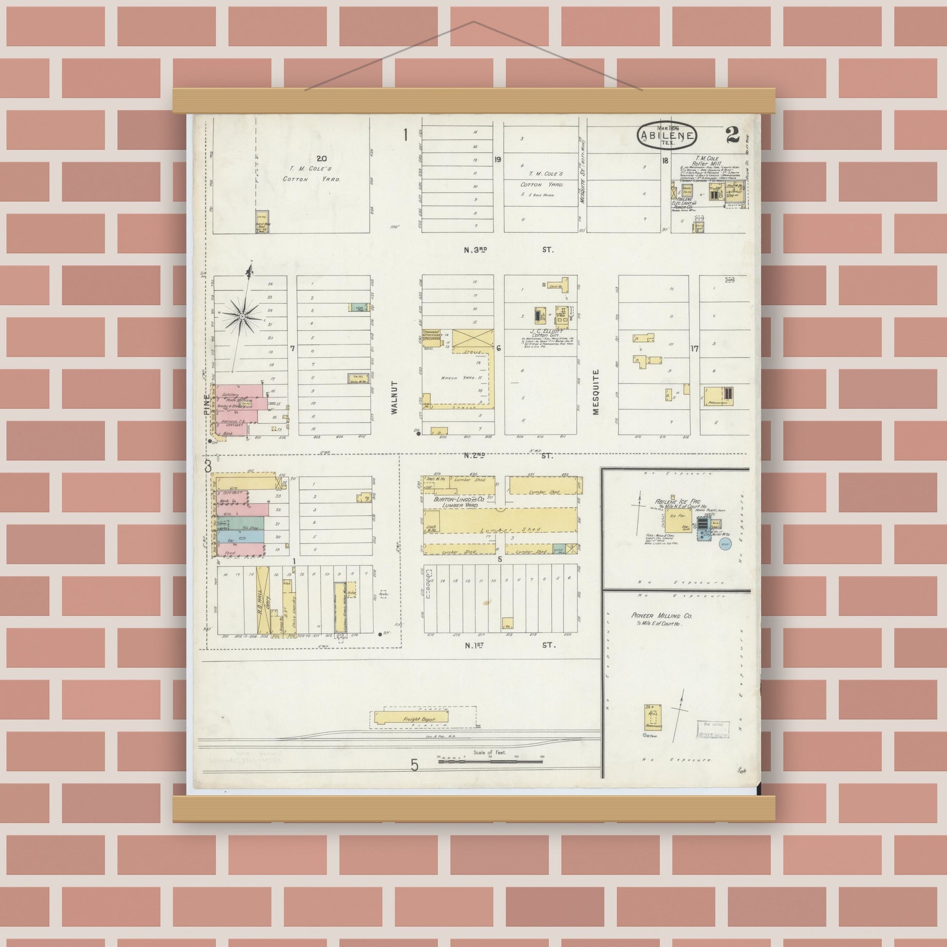 Old map wall art mockup — magnetic wood frame on brick wall — Sanborn Fire Insurance Map from Abilene, Taylor County, Texas (1896), Sheet #0002