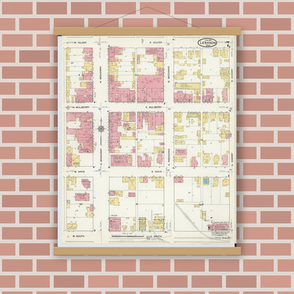 Old map wall art mockup — magnetic wood frame on brick wall — Sanborn Fire Insurance Map from Lebanon, Warren County, Ohio (1917), Sheet #0007