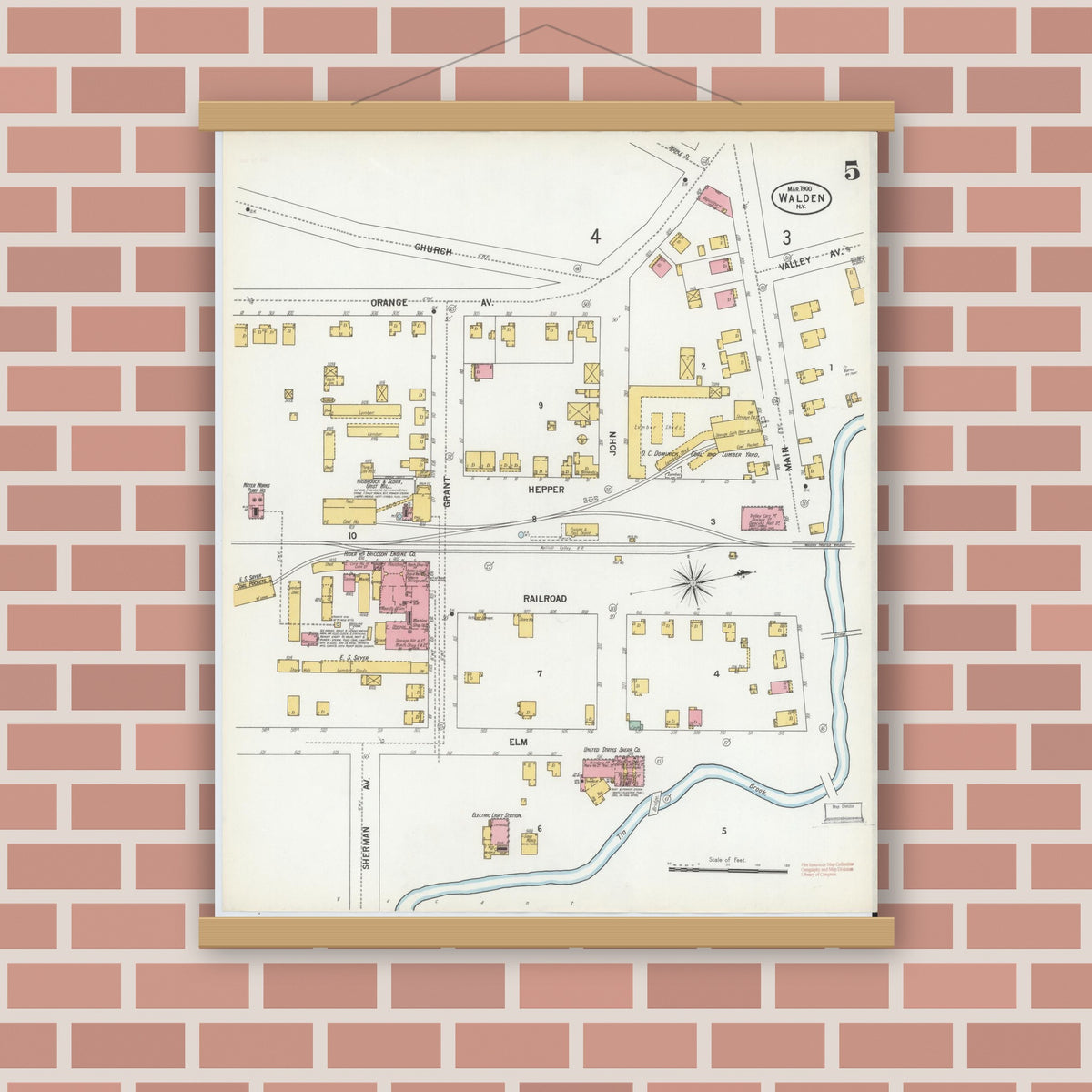 Old map wall art mockup — magnetic wood frame on brick wall — Sanborn Fire Insurance Map from Walden, Orange County, New York (1900), Sheet #0005