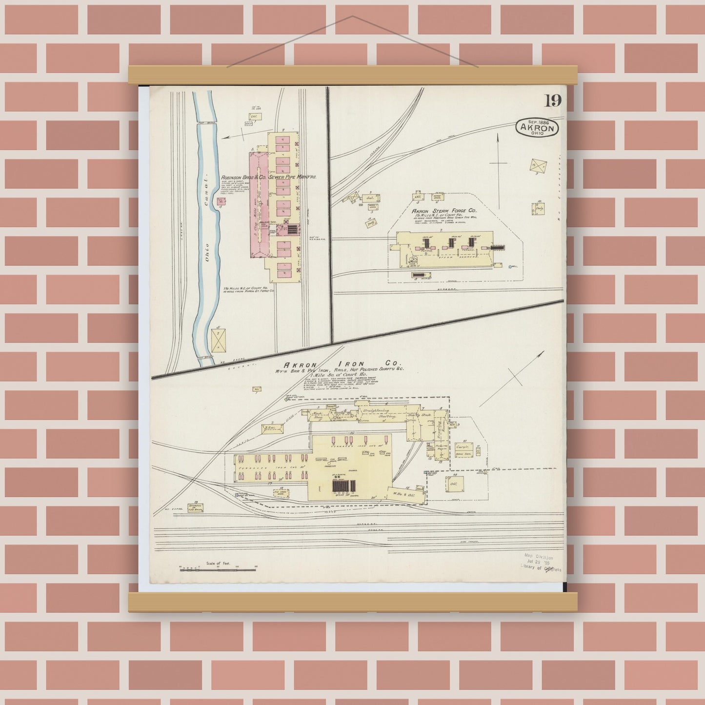 Old map wall art mockup — magnetic wood frame on brick wall — Sanborn Fire Insurance Map from Akron, Summit County, Ohio (1886), Sheet #0019