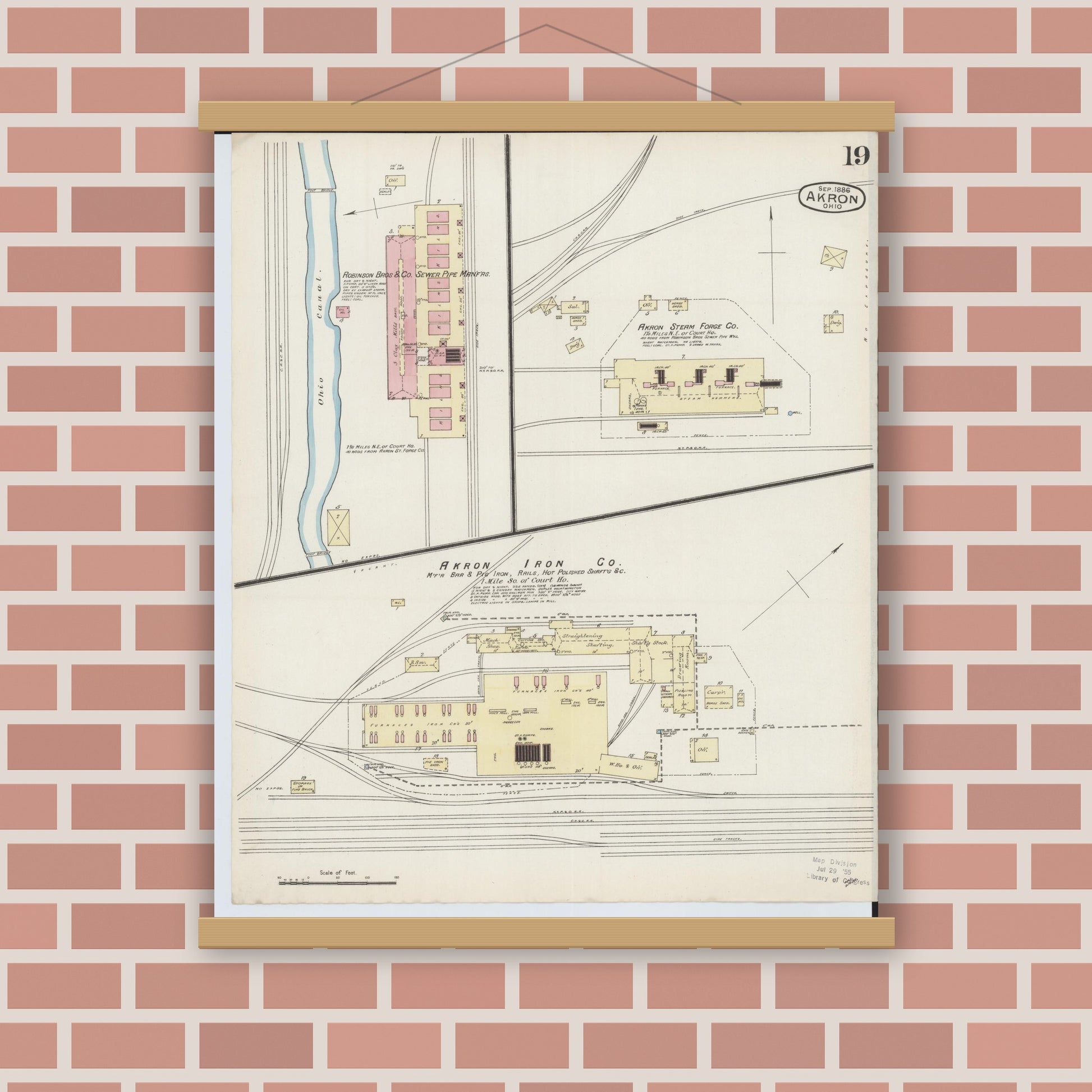 Old map wall art mockup — magnetic wood frame on brick wall — Sanborn Fire Insurance Map from Akron, Summit County, Ohio (1886), Sheet #0019