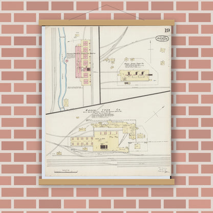 Old map wall art mockup — magnetic wood frame on brick wall — Sanborn Fire Insurance Map from Akron, Summit County, Ohio (1886), Sheet #0019