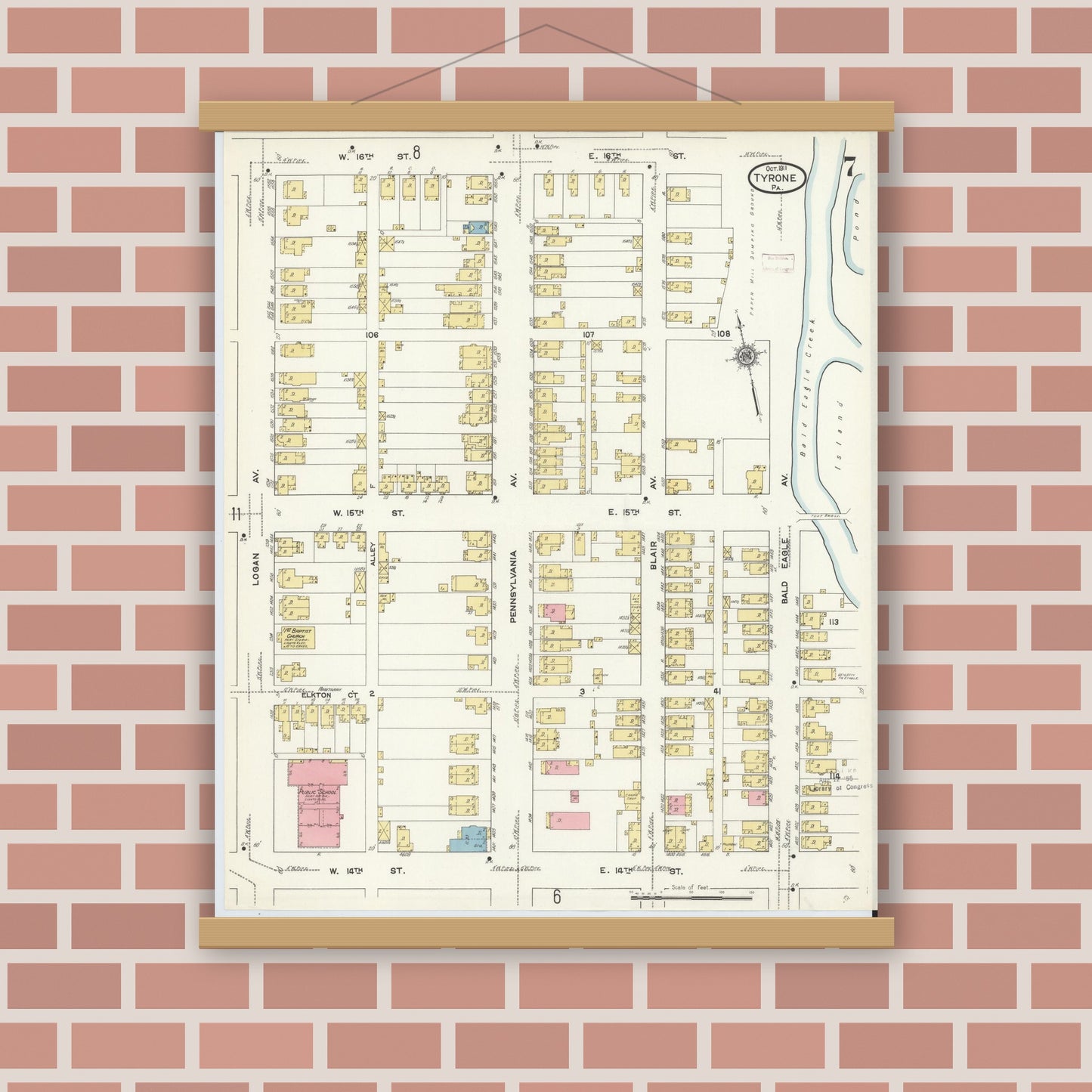 Old map wall art mockup — magnetic wood frame on brick wall — Sanborn Fire Insurance Map from Tyrone, Blair County, Pennsylvania (1911), Sheet #0007