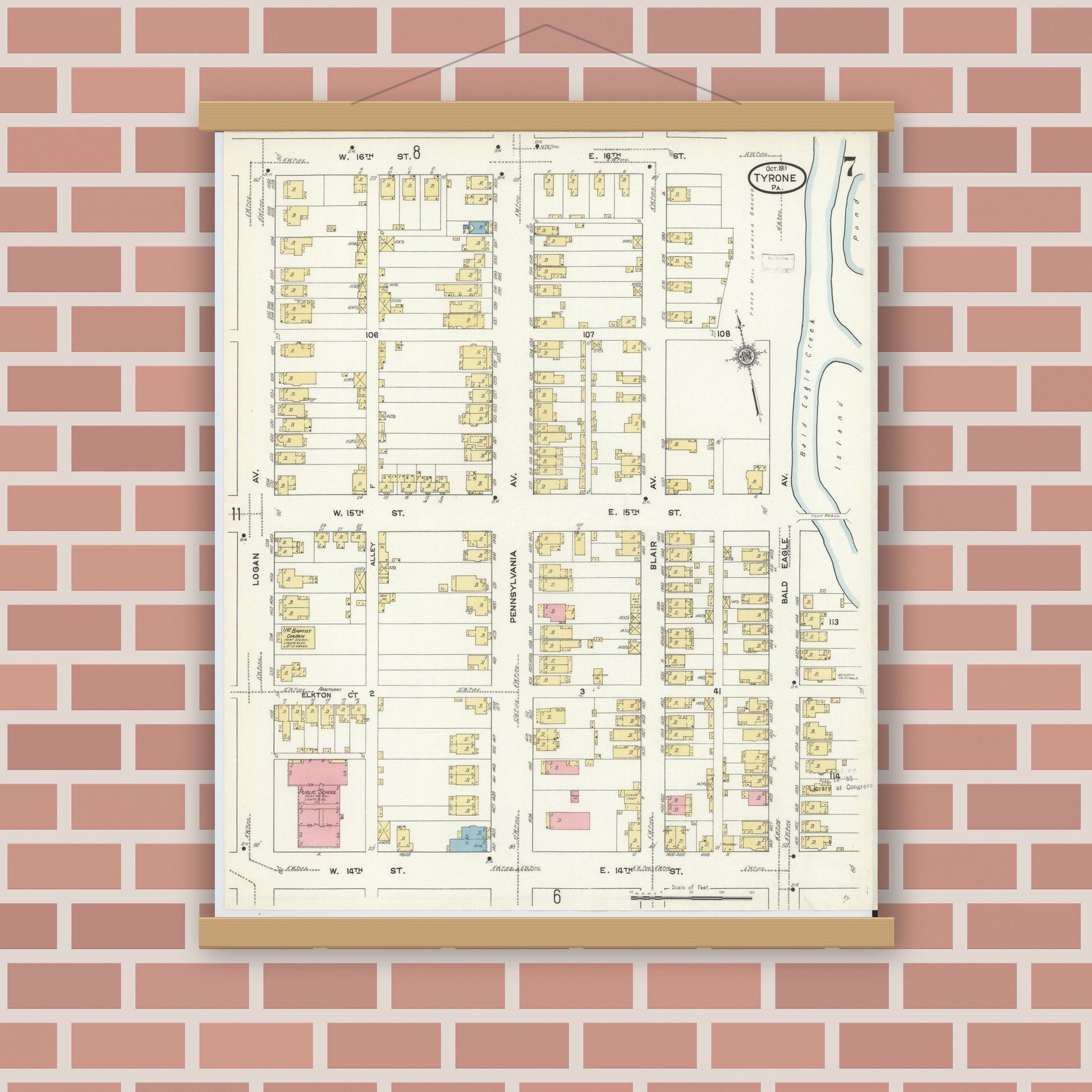 Old map wall art mockup — magnetic wood frame on brick wall — Sanborn Fire Insurance Map from Tyrone, Blair County, Pennsylvania (1911), Sheet #0007