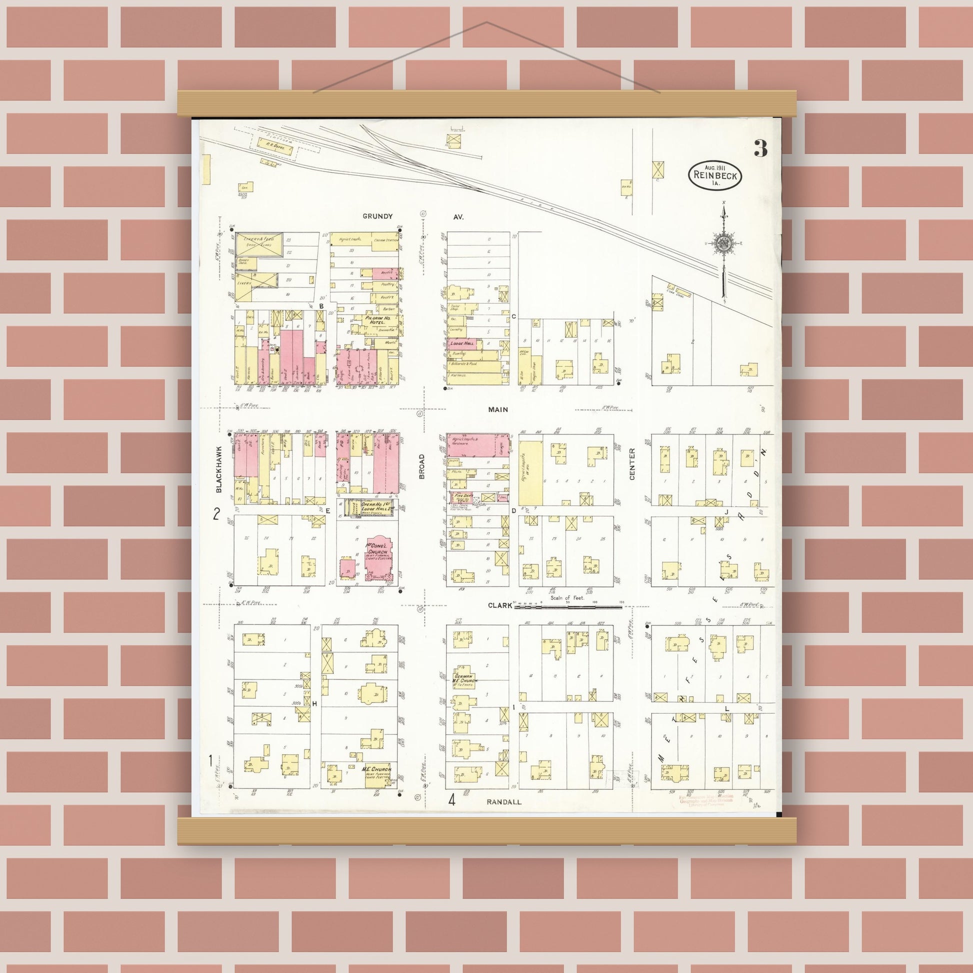 Old map wall art mockup — magnetic wood frame on brick wall — Sanborn Fire Insurance Map from Reinbeck, Grundy County, Iowa (1911), Sheet #0003