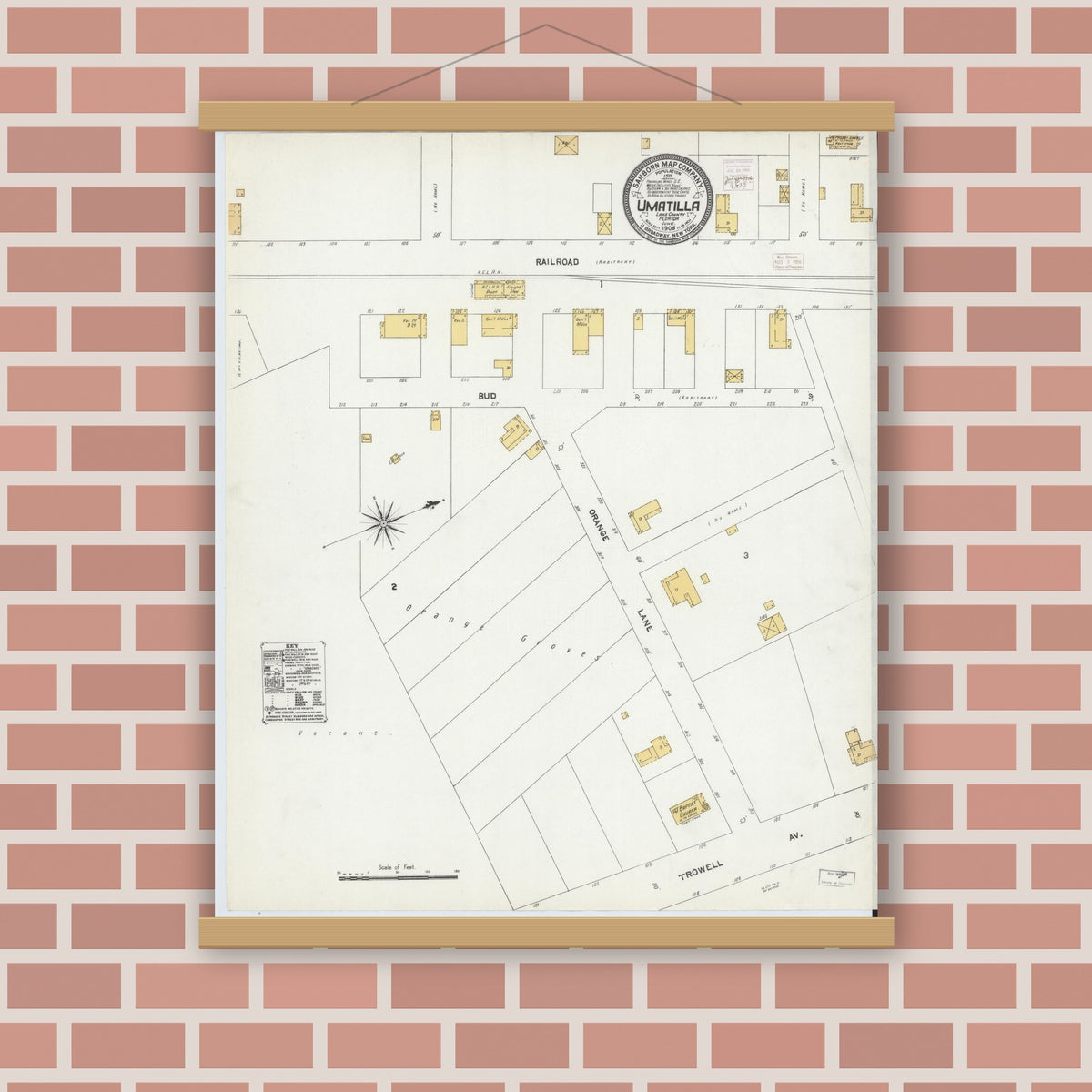 Old map wall art mockup — magnetic wood frame on brick wall — Sanborn Fire Insurance Map from Umatilla, Lake County, Florida (1906), Sheet #0001