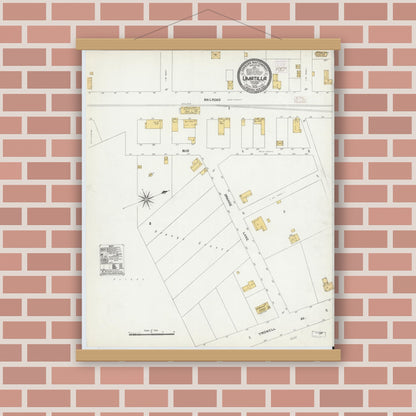 Old map wall art mockup — magnetic wood frame on brick wall — Sanborn Fire Insurance Map from Umatilla, Lake County, Florida (1906), Sheet #0001