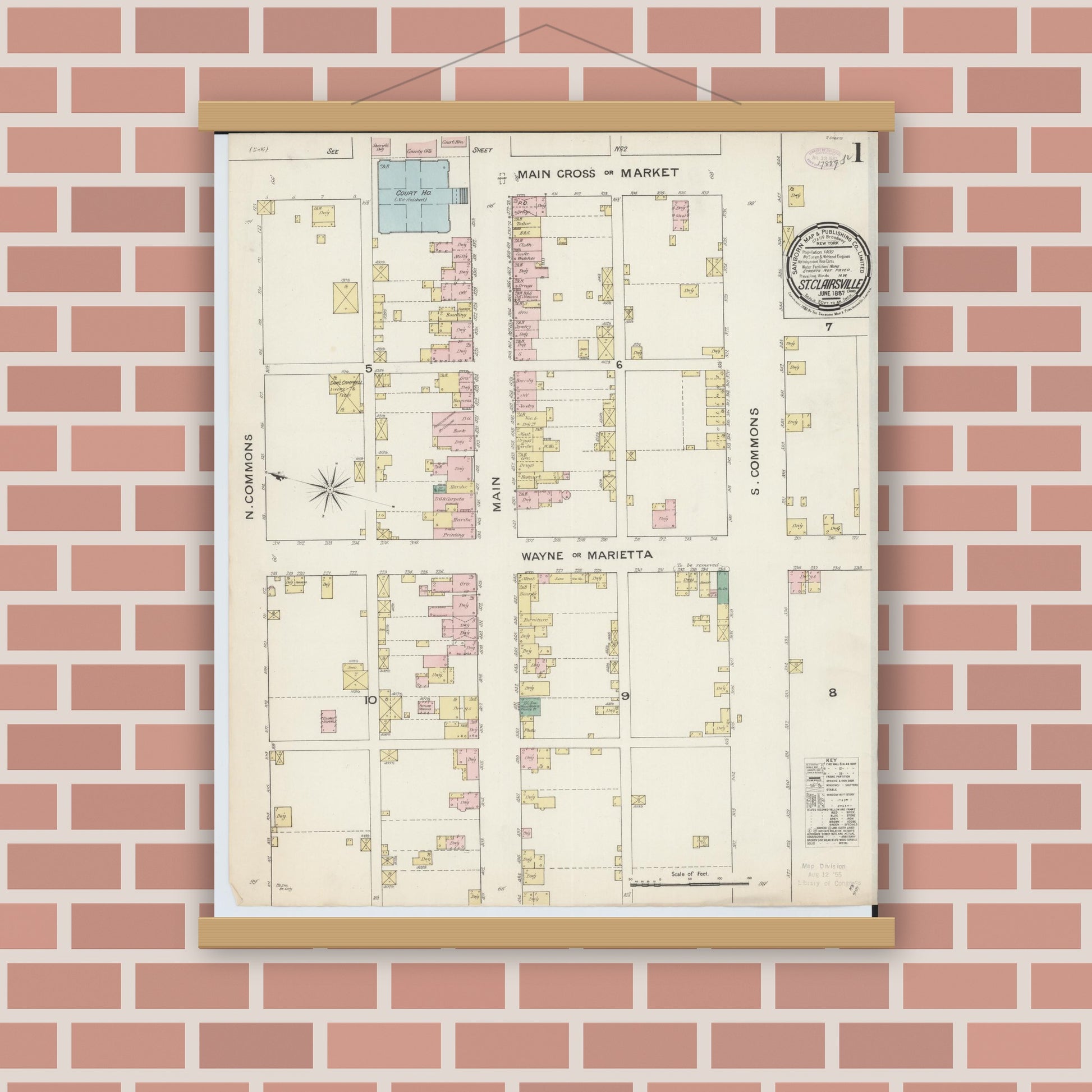 Old map wall art mockup — magnetic wood frame on brick wall — Sanborn Fire Insurance Map from Saint Clairsville, Belmont County, Ohio (1887), Sheet #0001