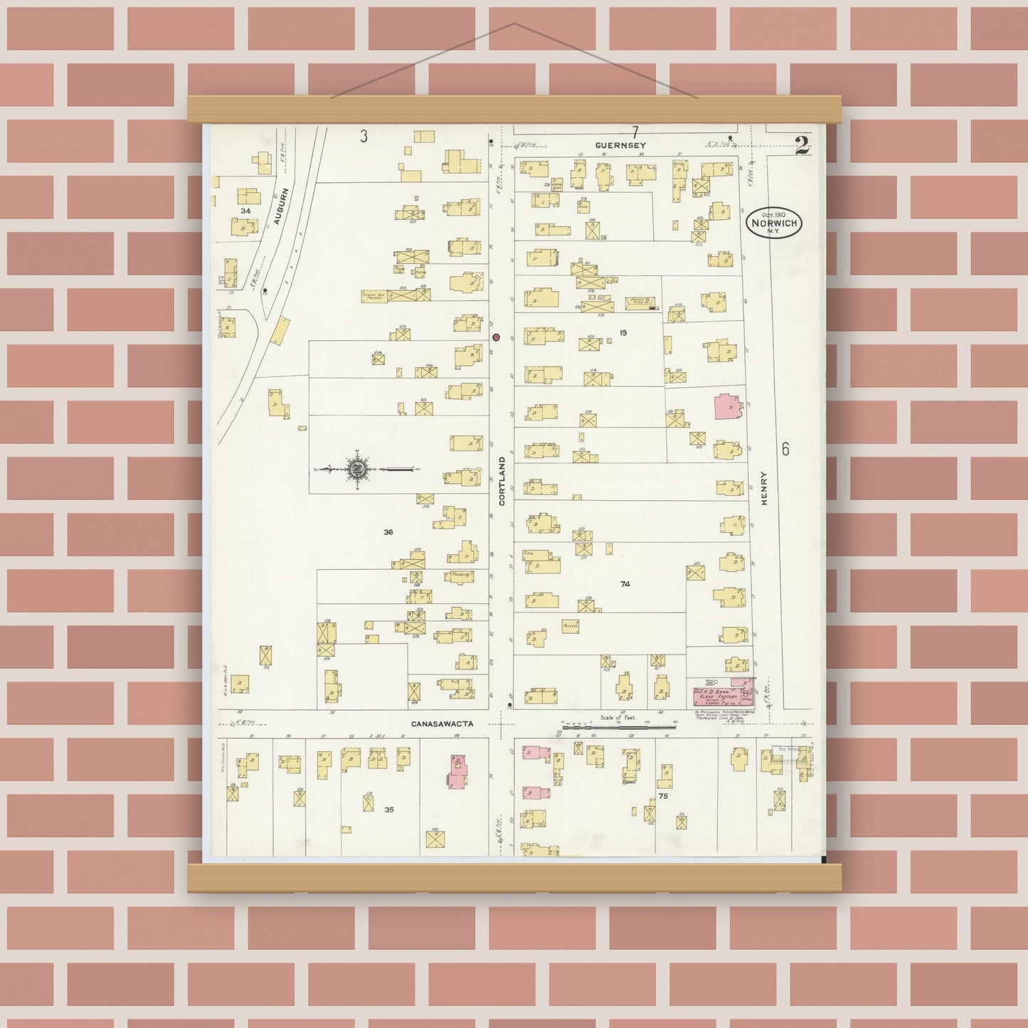 Old map wall art mockup — magnetic wood frame on brick wall — Sanborn Fire Insurance Map from Norwich, Chenango County, New York (1910) - Complete Map Set