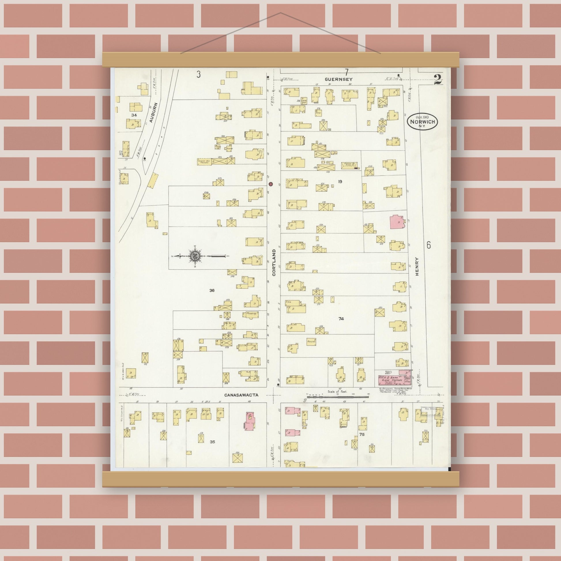 Old map wall art mockup — magnetic wood frame on brick wall — Sanborn Fire Insurance Map from Norwich, Chenango County, New York (1910) - Complete Map Set
