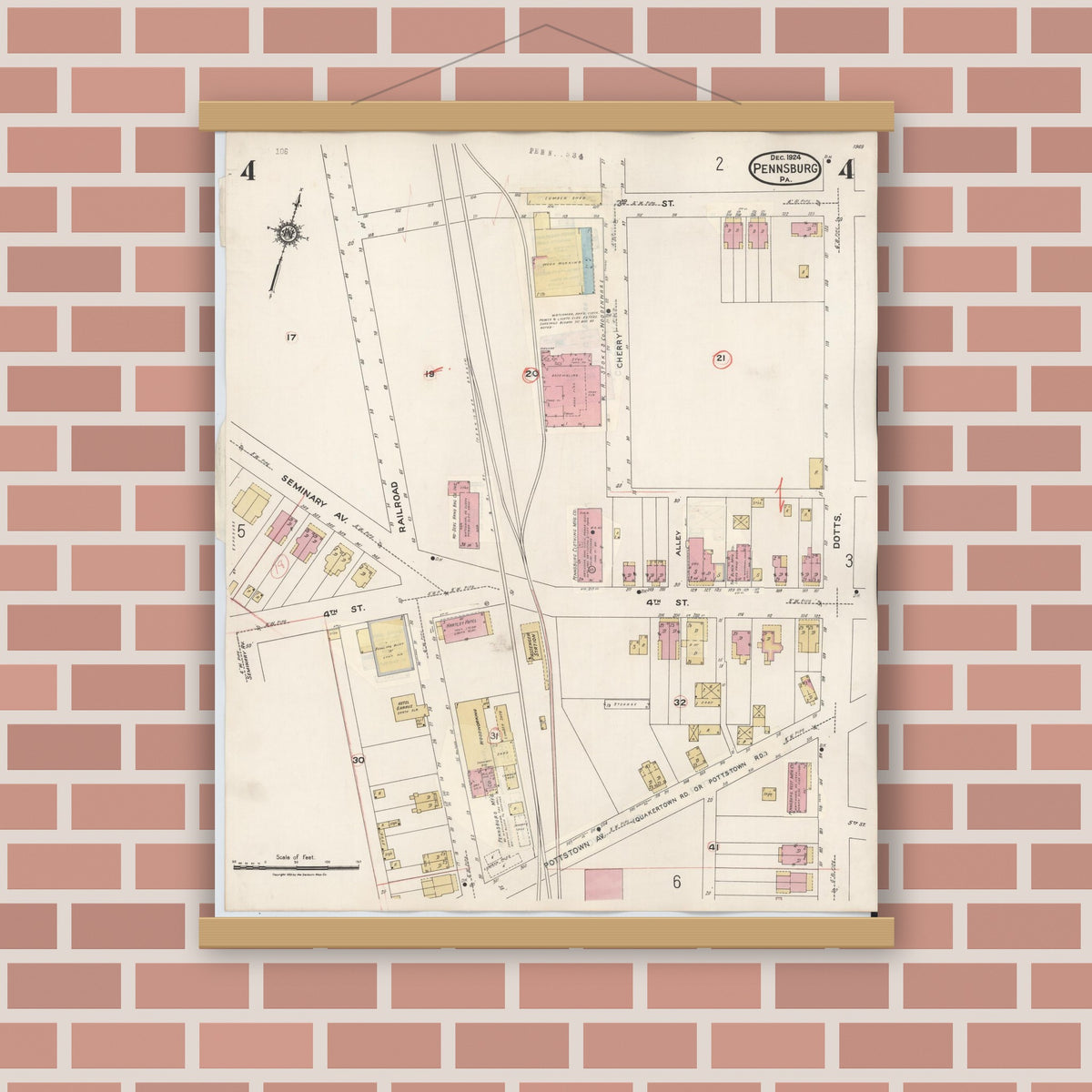 Old map wall art mockup — magnetic wood frame on brick wall — Sanborn Fire Insurance Map from Pennsburg, Montgomery County, Pennsylvania (1933), Sheet #0004