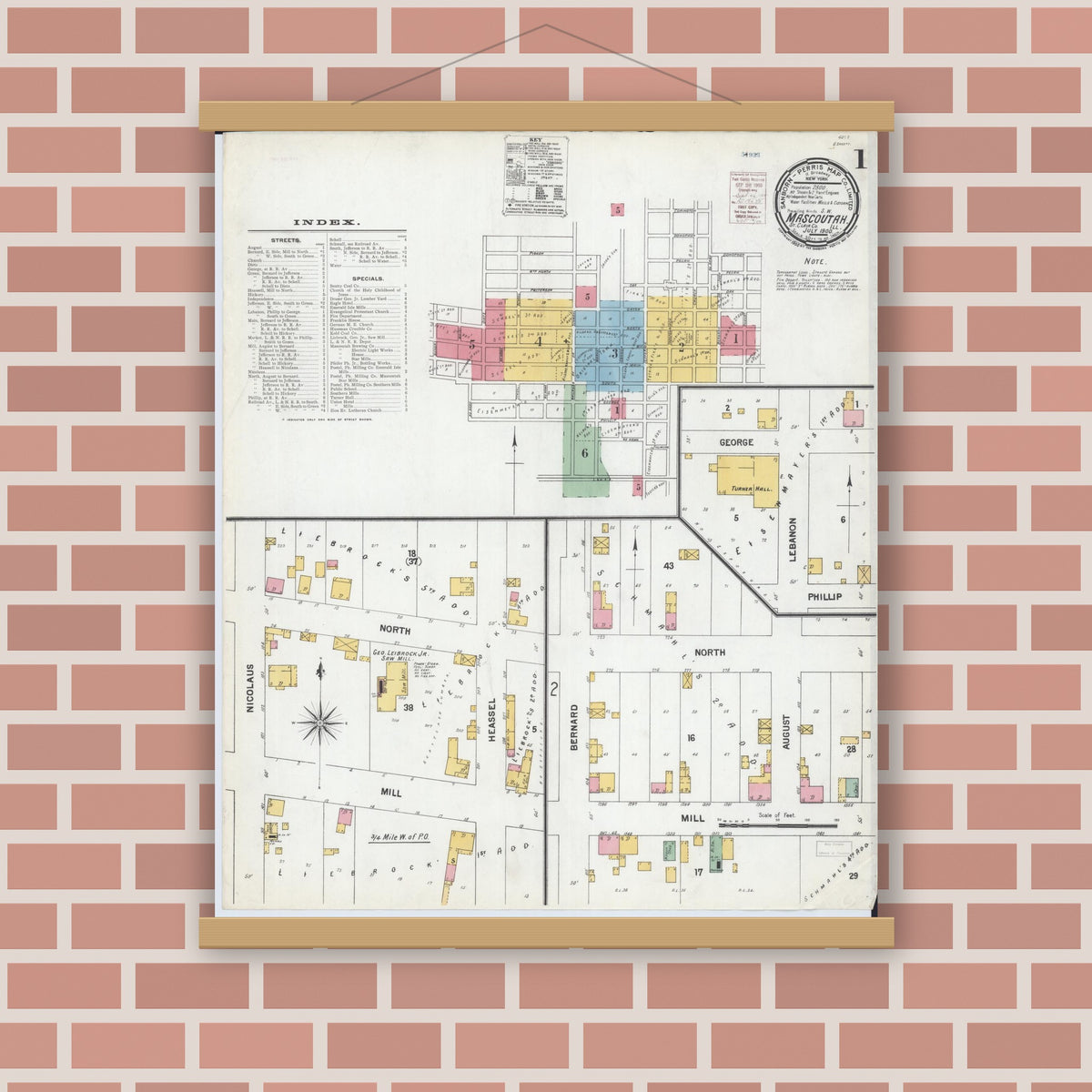 Old map wall art mockup — magnetic wood frame on brick wall — Sanborn Fire Insurance Map from Mascoutah, Saint Clair County, Illinois (1900) - Complete Map Set