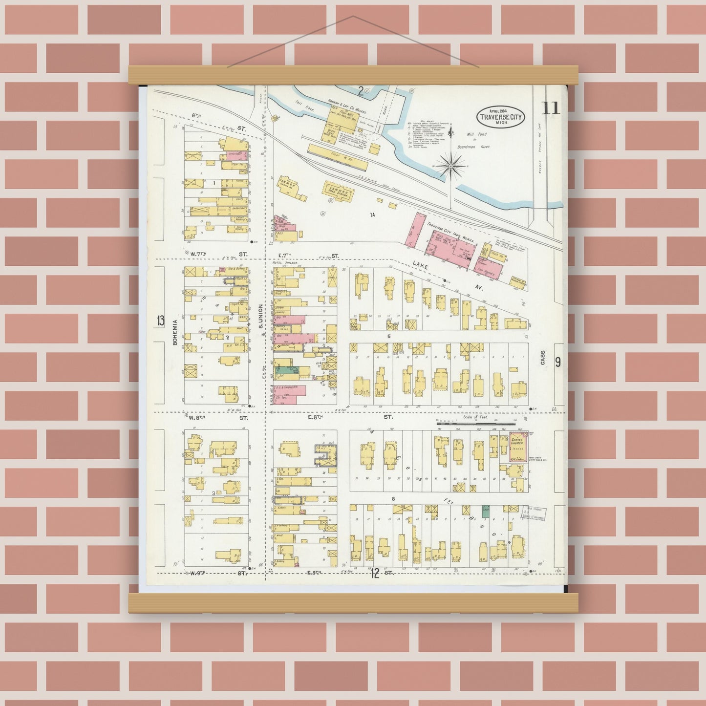 Old map wall art mockup — magnetic wood frame on brick wall — Sanborn Fire Insurance Map from Traverse City, Grand Traverse County, Michigan (1904), Sheet #0011