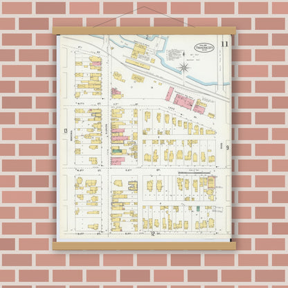 Old map wall art mockup — magnetic wood frame on brick wall — Sanborn Fire Insurance Map from Traverse City, Grand Traverse County, Michigan (1904), Sheet #0011