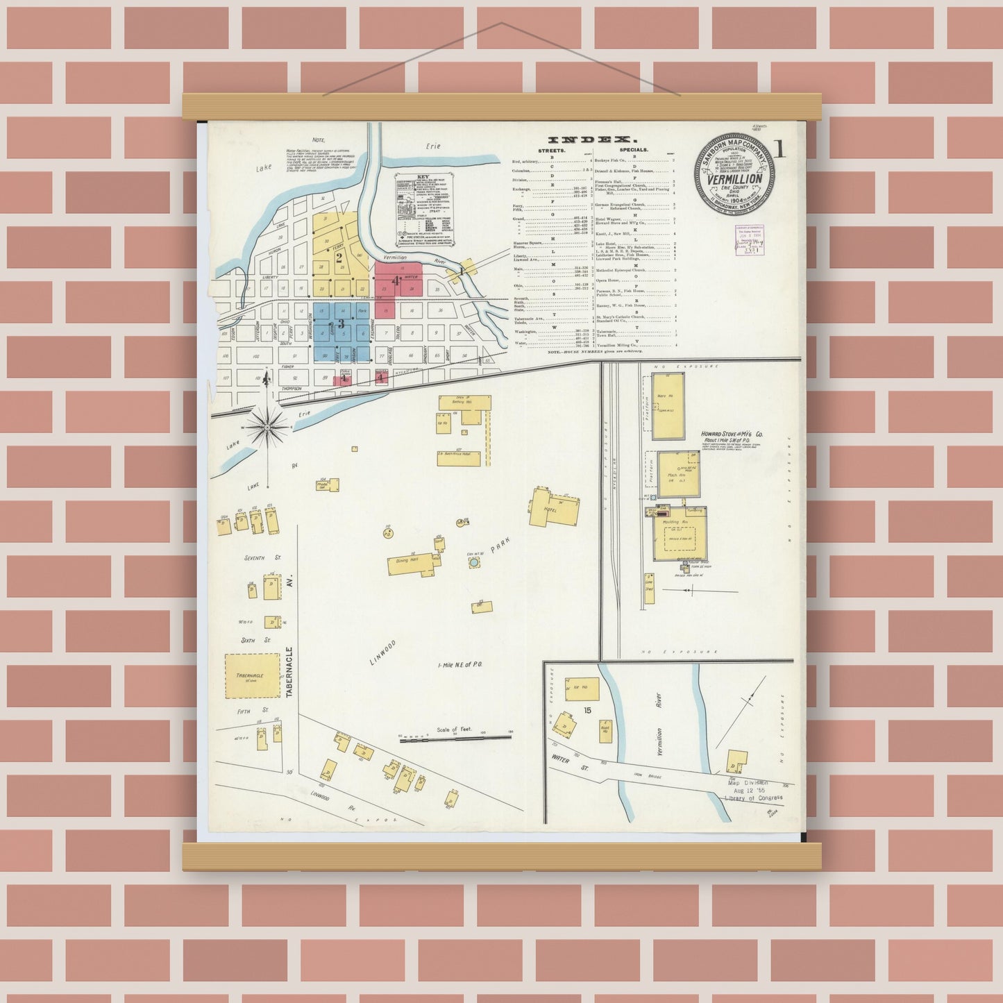 Old map wall art mockup — magnetic wood frame on brick wall — Sanborn Fire Insurance Map from Vermillion, Erie County, Ohio (1904), Sheet #0001
