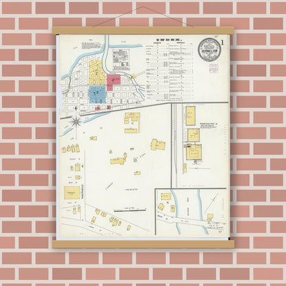 Old map wall art mockup — magnetic wood frame on brick wall — Sanborn Fire Insurance Map from Vermillion, Erie County, Ohio (1904), Sheet #0001