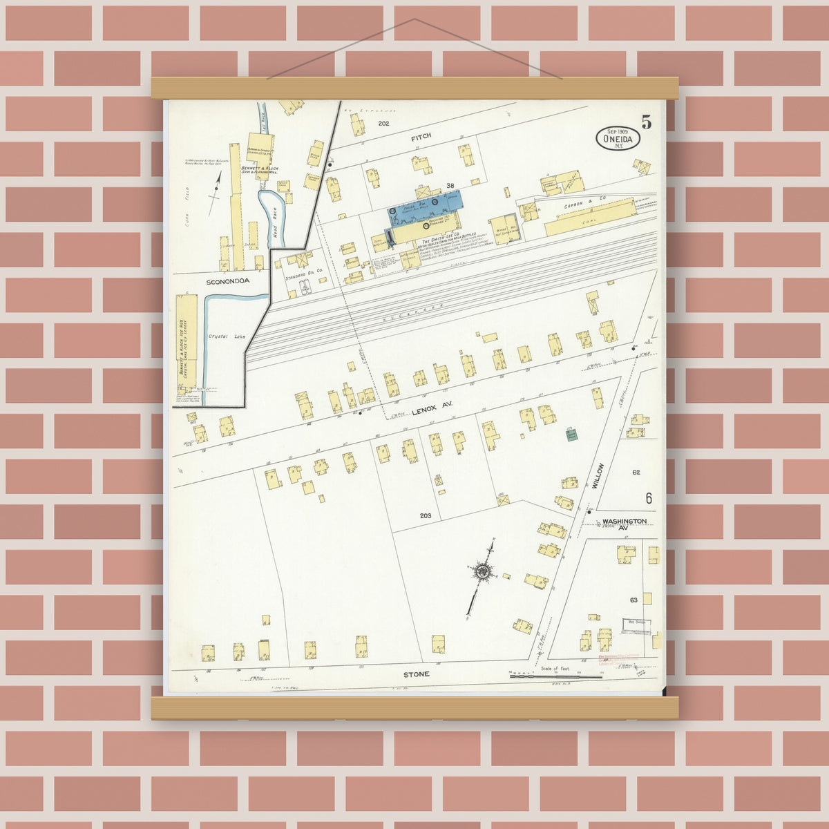 Old map wall art mockup — magnetic wood frame on brick wall — Sanborn Fire Insurance Map from Oneida, Madison County, New York (1909), Sheet #0005