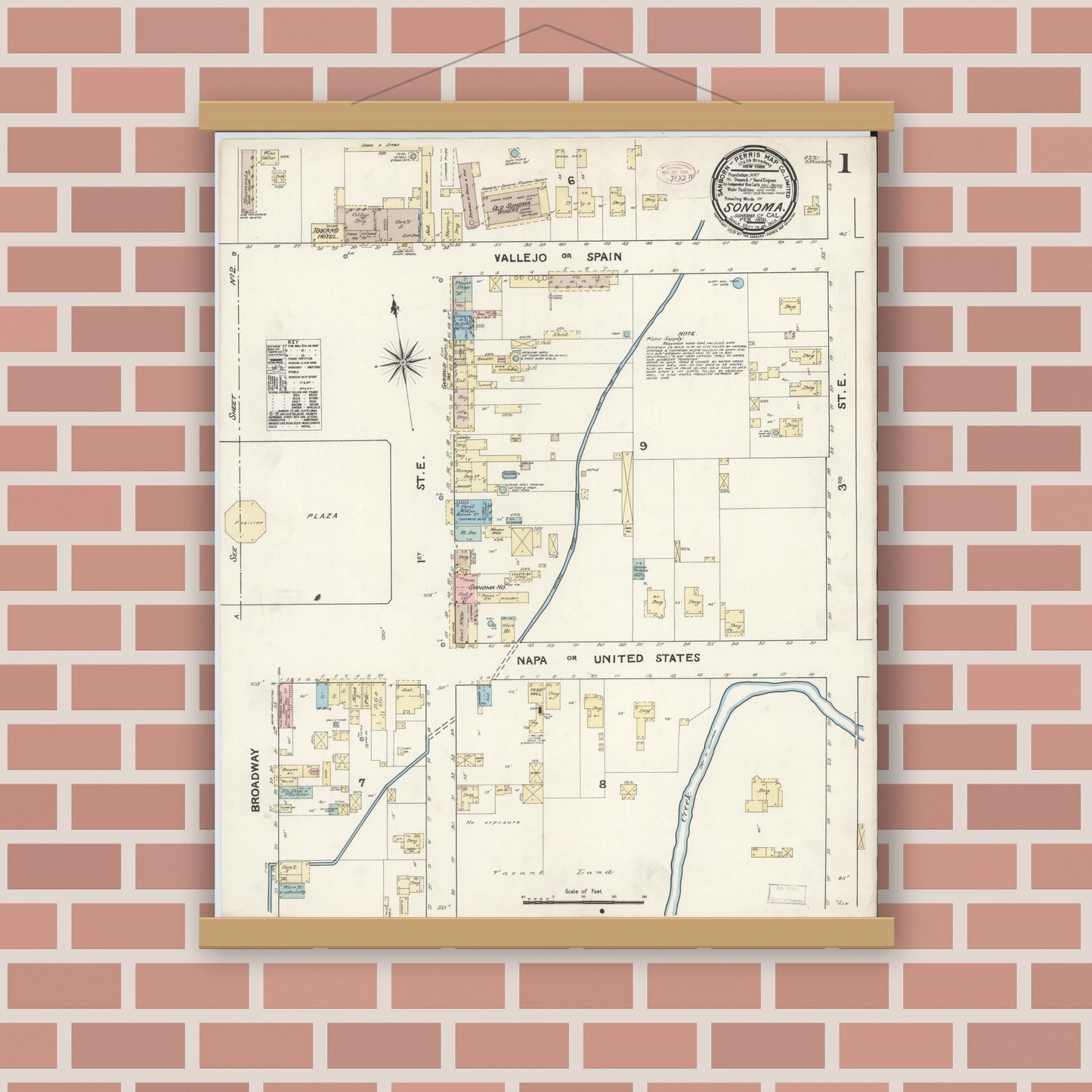 Old map wall art mockup — magnetic wood frame on brick wall — Sanborn Fire Insurance Map from Sonoma, Sonoma County, California (1891) - Complete Map Set