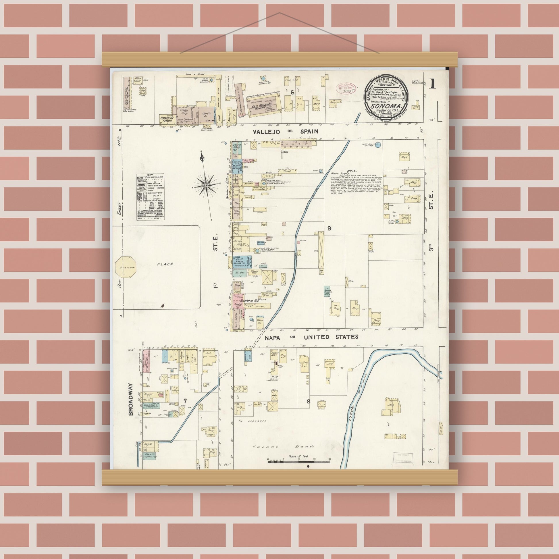 Old map wall art mockup — magnetic wood frame on brick wall — Sanborn Fire Insurance Map from Sonoma, Sonoma County, California (1891) - Complete Map Set