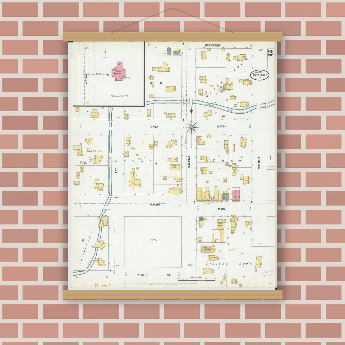 Old map wall art mockup — magnetic wood frame on brick wall — Sanborn Fire Insurance Map from Tiskilwa, Bureau County, Illinois (1901), Sheet #0002