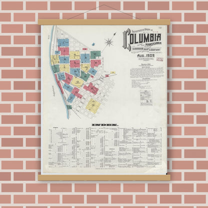 Old map wall art mockup — magnetic wood frame on brick wall — Sanborn Fire Insurance Map from Columbia, Lancaster County, Pennsylvania (1909), Sheet #0001