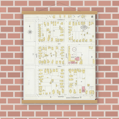 Old map wall art mockup — magnetic wood frame on brick wall — Sanborn Fire Insurance Map from Ithaca, Tompkins County, New York (1898), Sheet #0008