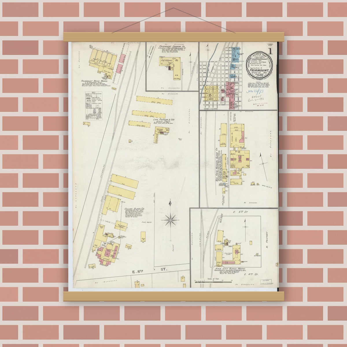 Old map wall art mockup — magnetic wood frame on brick wall — Sanborn Fire Insurance Map from Fairmount, Grant County, Indiana (1893), Sheet #0001
