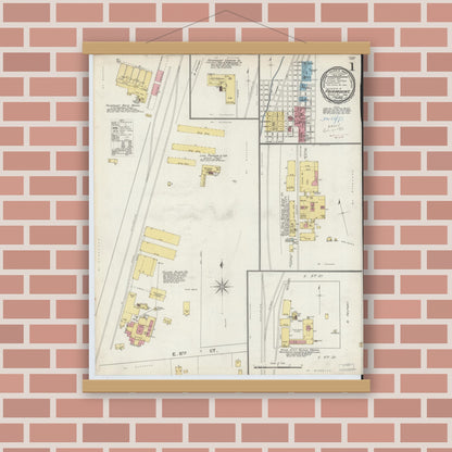 Old map wall art mockup — magnetic wood frame on brick wall — Sanborn Fire Insurance Map from Fairmount, Grant County, Indiana (1893), Sheet #0001