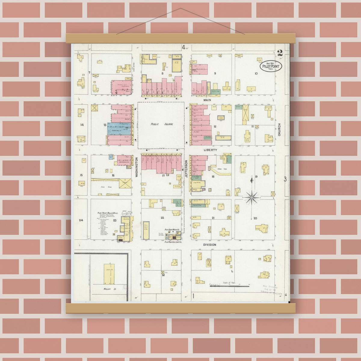 Old map wall art mockup — magnetic wood frame on brick wall — Sanborn Fire Insurance Map from Pilot Point, Denton County, Texas (1901), Sheet #0002